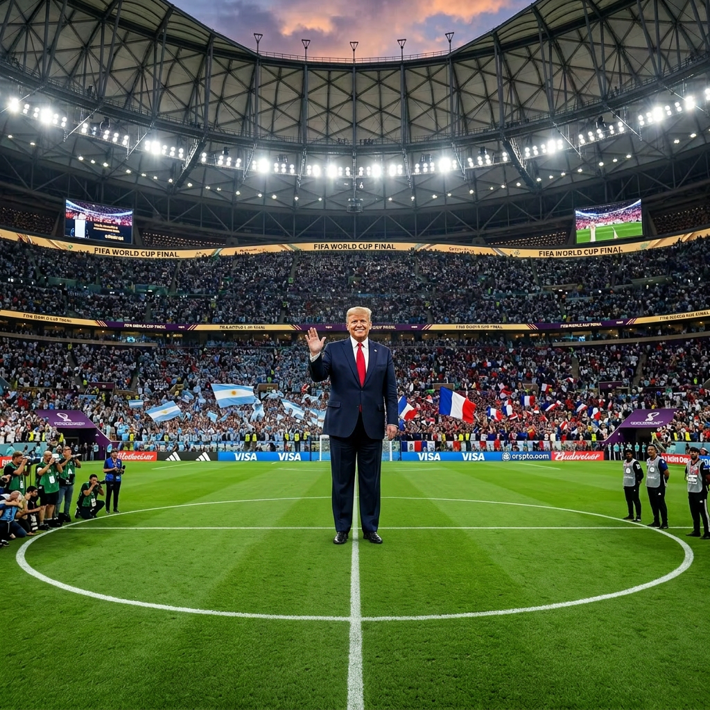 FIFA World Cup trophy on display at center of soccer field with crowd and national flags in background